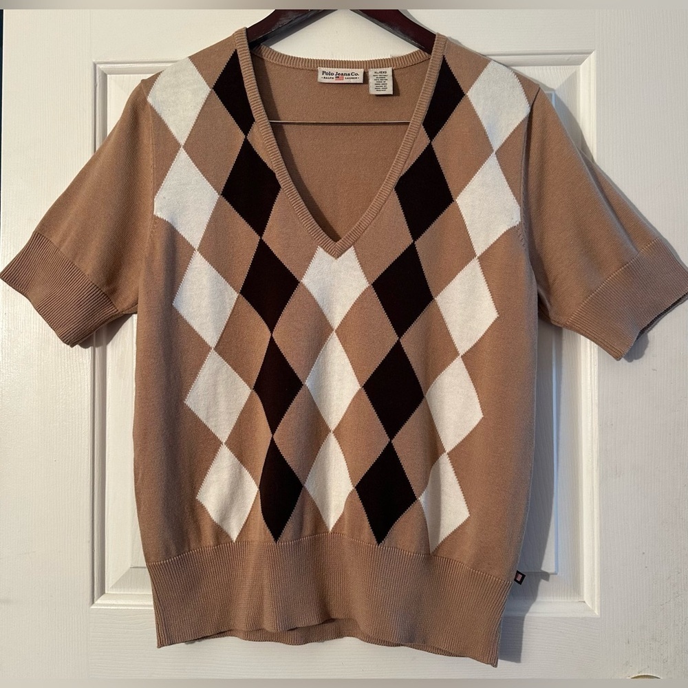 POLO Ralph Lauren Vntg Y2K XL Old Money Elevated S/Sleeve V Neck Argyle Sweater